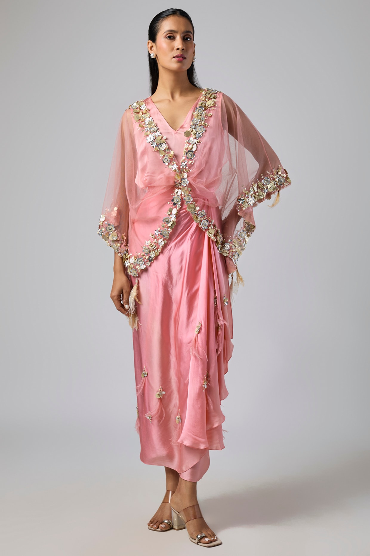 Dilnaz Karbhary Rose Pink Net Kaftan Set
