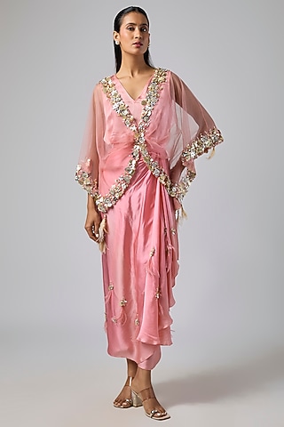 Rose Pink Net Kaftan Set by Dilnaz Karbhary