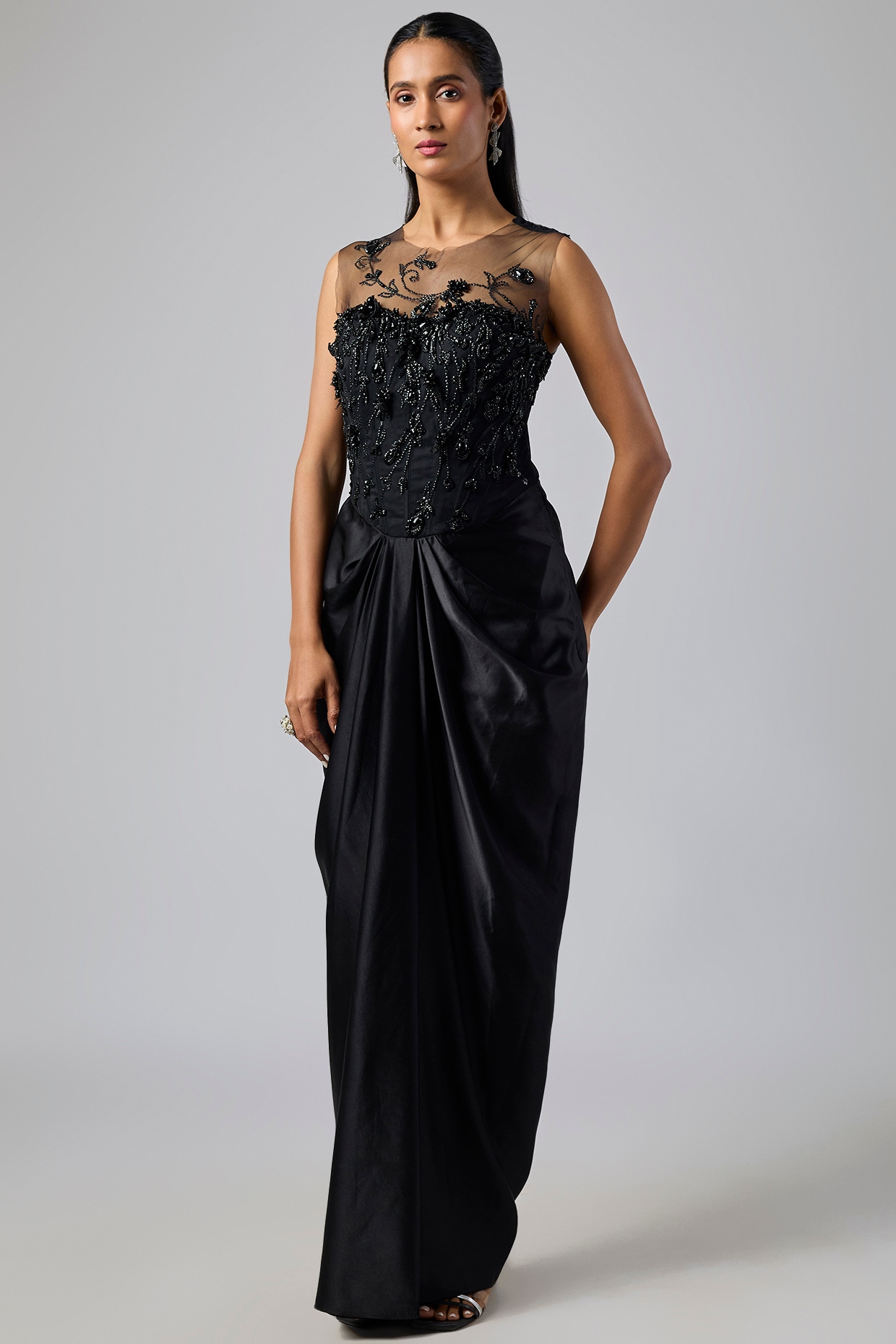 Dilnaz Karbhary Black Satin Sequins & Diamond Work Draped Gown