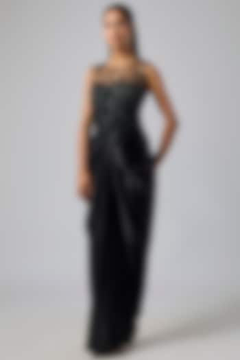 Black Satin Sequins & Diamond Work Draped Engagement Gown by Dilnaz Karbhary at Pernia's Pop Up Shop