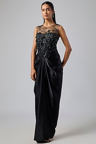 Black Satin Sequins & Diamond Work Draped Gown by Dilnaz Karbhary