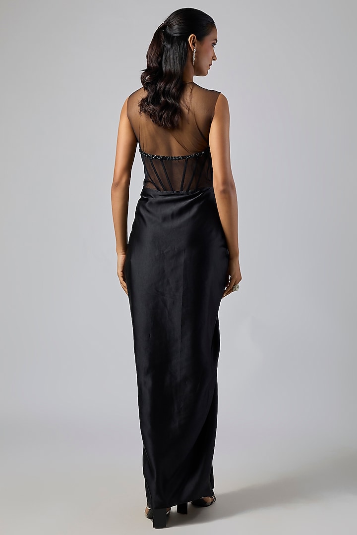 Black Satin Sequins & Diamond Work Draped Engagement Gown by Dilnaz Karbhary at Pernia's Pop Up Shop