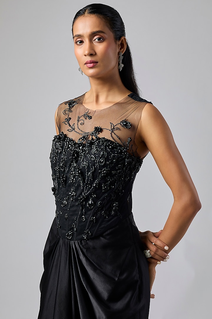 Black Satin Sequins & Diamond Work Draped Engagement Gown by Dilnaz Karbhary at Pernia's Pop Up Shop