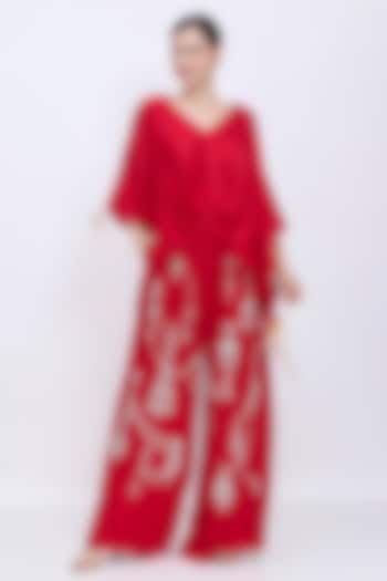 Red Blended Linen Hand Embroidered Trousers by Dilnaz Karbhary at Pernia's Pop Up Shop