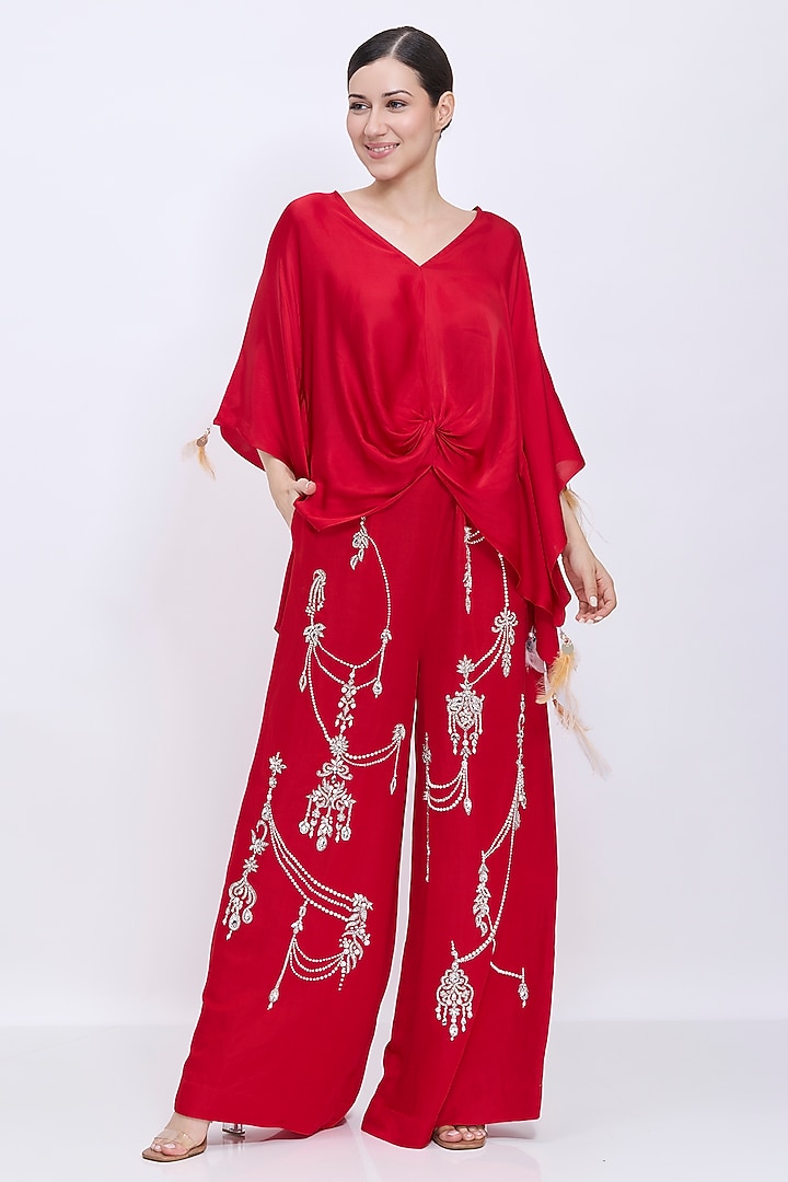 Red Blended Linen Hand Embroidered Trousers by Dilnaz Karbhary at Pernia's Pop Up Shop