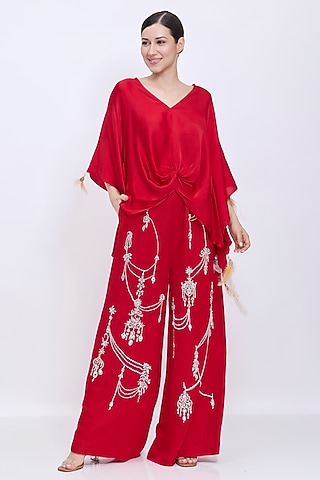 Red Blended Linen Hand Embroidered Trousers by Dilnaz Karbhary