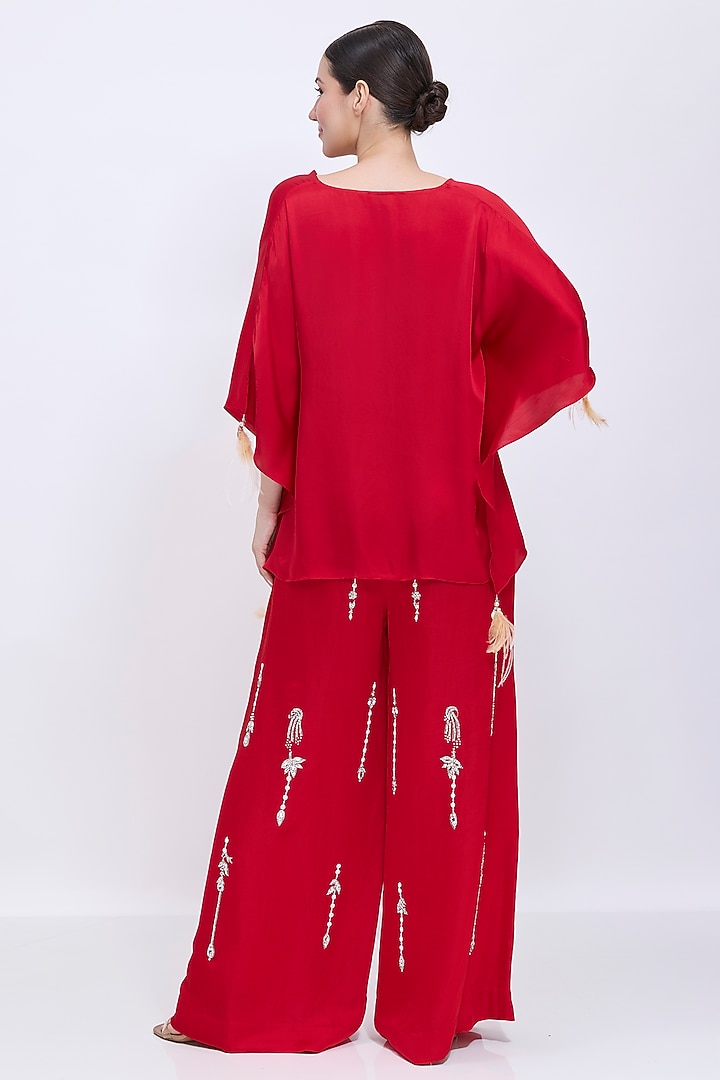Red Blended Linen Hand Embroidered Trousers by Dilnaz Karbhary at Pernia's Pop Up Shop