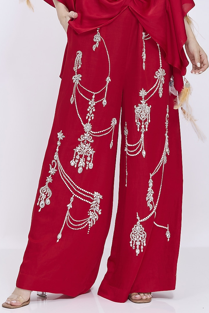 Red Blended Linen Hand Embroidered Trousers by Dilnaz Karbhary at Pernia's Pop Up Shop