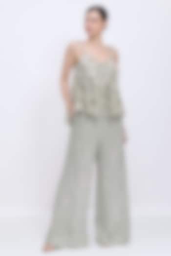 Ash Grey Blended Linen Hand Embroidered Trousers by Dilnaz Karbhary at Pernia's Pop Up Shop