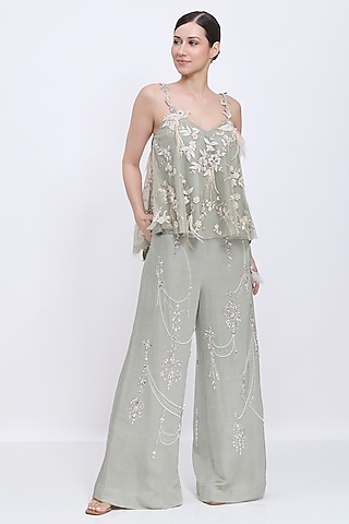 Ash Grey Blended Linen Hand Embroidered Trousers by Dilnaz Karbhary