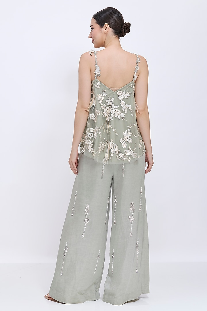 Ash Grey Blended Linen Hand Embroidered Trousers by Dilnaz Karbhary at Pernia's Pop Up Shop