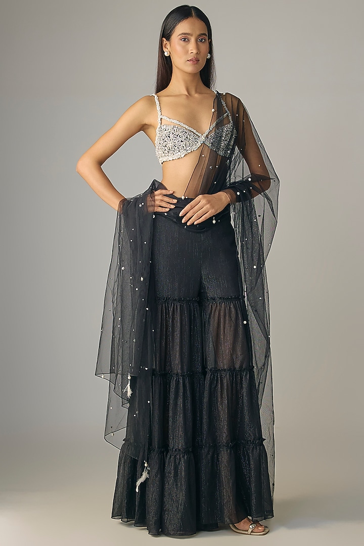 Black Chiffon Wedding Sharara Set by Dilnaz Karbhary at Pernia's Pop Up Shop