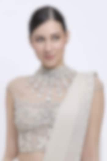 Champagne Net & Polyester Satin Embroidered Blouse by Dilnaz Karbhary at Pernia's Pop Up Shop