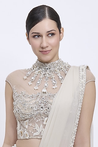 Champagne Net & Polyester Satin Embroidered Blouse by Dilnaz Karbhary