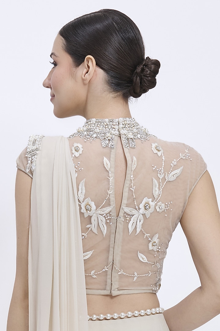 Champagne Net & Polyester Satin Embroidered Blouse by Dilnaz Karbhary at Pernia's Pop Up Shop
