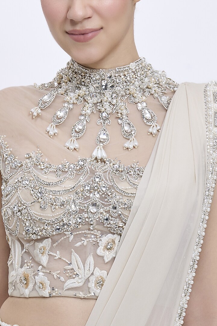 Champagne Net & Polyester Satin Embroidered Blouse by Dilnaz Karbhary at Pernia's Pop Up Shop