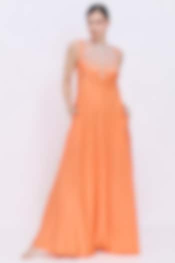 Sunset-Orange Silk Chamois & Polyester Satin Hand Embroidered Engagement Gown by Dilnaz Karbhary at Pernia's Pop Up Shop