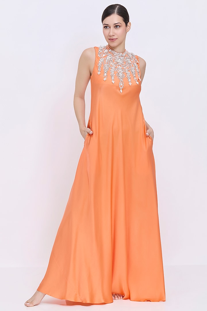 Sunset-Orange Silk Chamois & Polyester Satin Hand Embroidered Engagement Gown by Dilnaz Karbhary at Pernia's Pop Up Shop