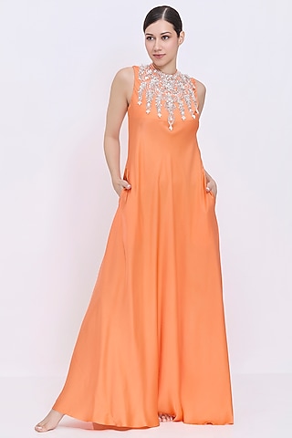 Sunset-Orange Silk Chamois & Polyester Satin Hand Embroidered Gown by Dilnaz Karbhary