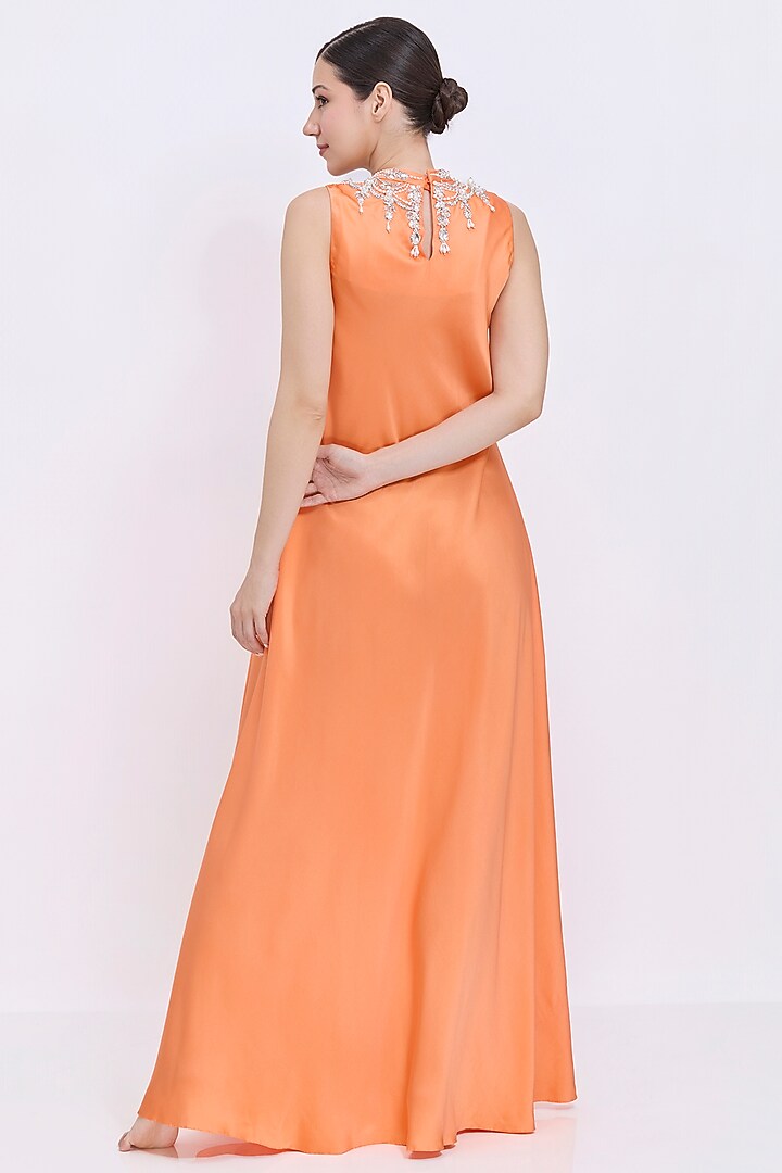 Sunset-Orange Silk Chamois & Polyester Satin Hand Embroidered Engagement Gown by Dilnaz Karbhary at Pernia's Pop Up Shop