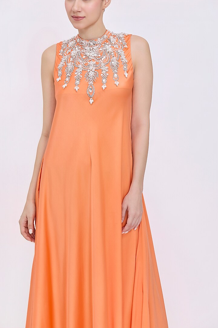 Sunset-Orange Silk Chamois & Polyester Satin Hand Embroidered Engagement Gown by Dilnaz Karbhary at Pernia's Pop Up Shop