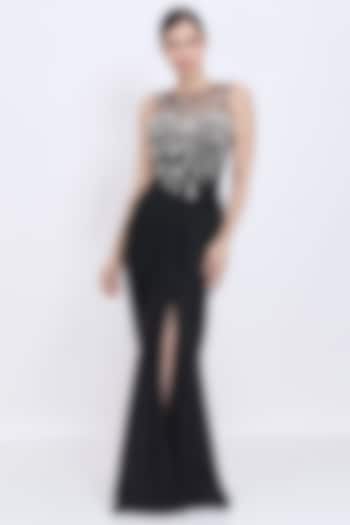 Black Blended Satin & Polyester Satin Embroidered Draped Engagement Gown by Dilnaz Karbhary at Pernia's Pop Up Shop