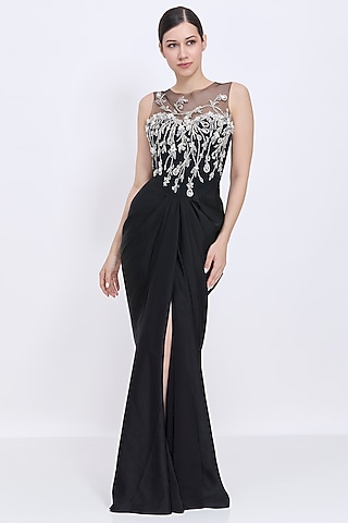 Black Blended Satin & Polyester Satin Embroidered Draped Gown by Dilnaz Karbhary