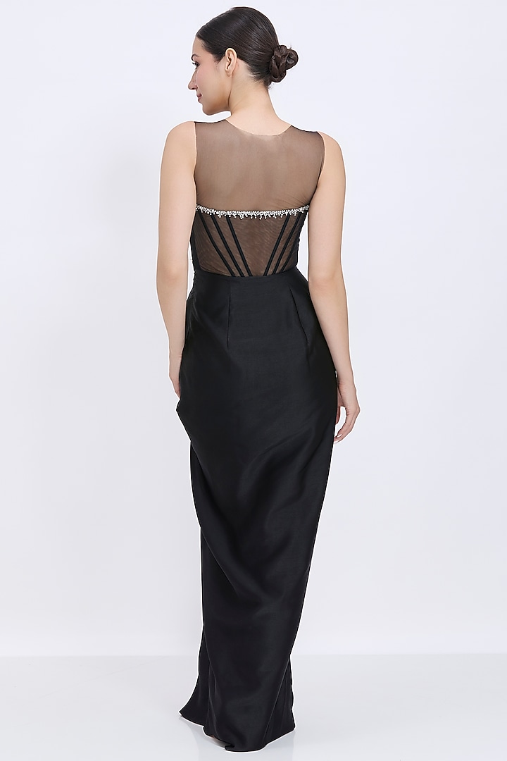 Black Blended Satin & Polyester Satin Embroidered Draped Engagement Gown by Dilnaz Karbhary at Pernia's Pop Up Shop