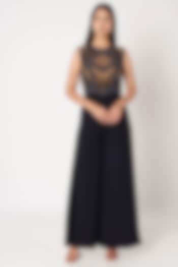 Navy Blue & Nude Embroidered Jumpsuit by Dilnaz Karbhary at Pernia's Pop Up Shop