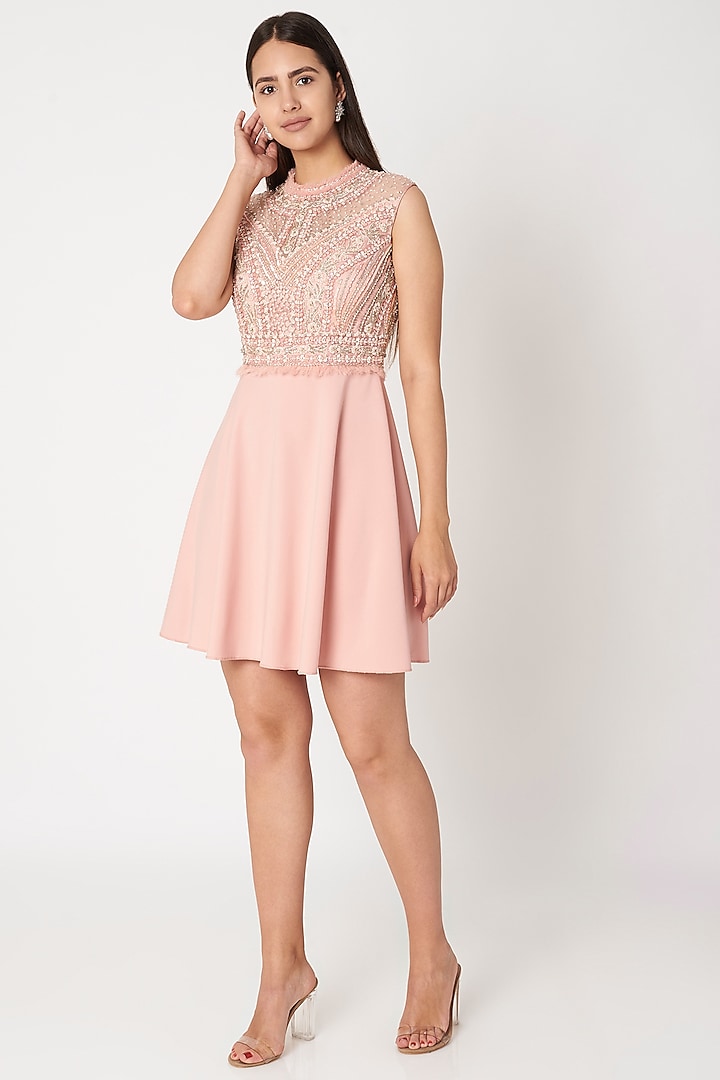 Peach Embroidered Flared Dress by Dilnaz Karbhary