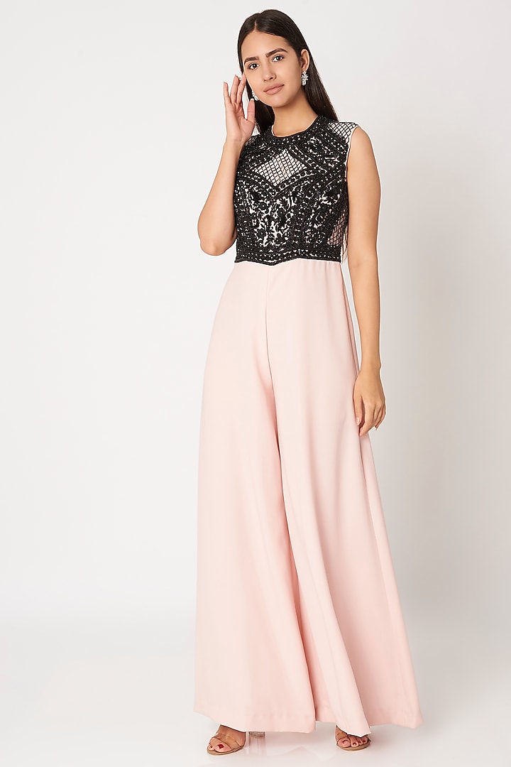 Blush Pink & Black Embroidered Jumpsuit by Dilnaz Karbhary