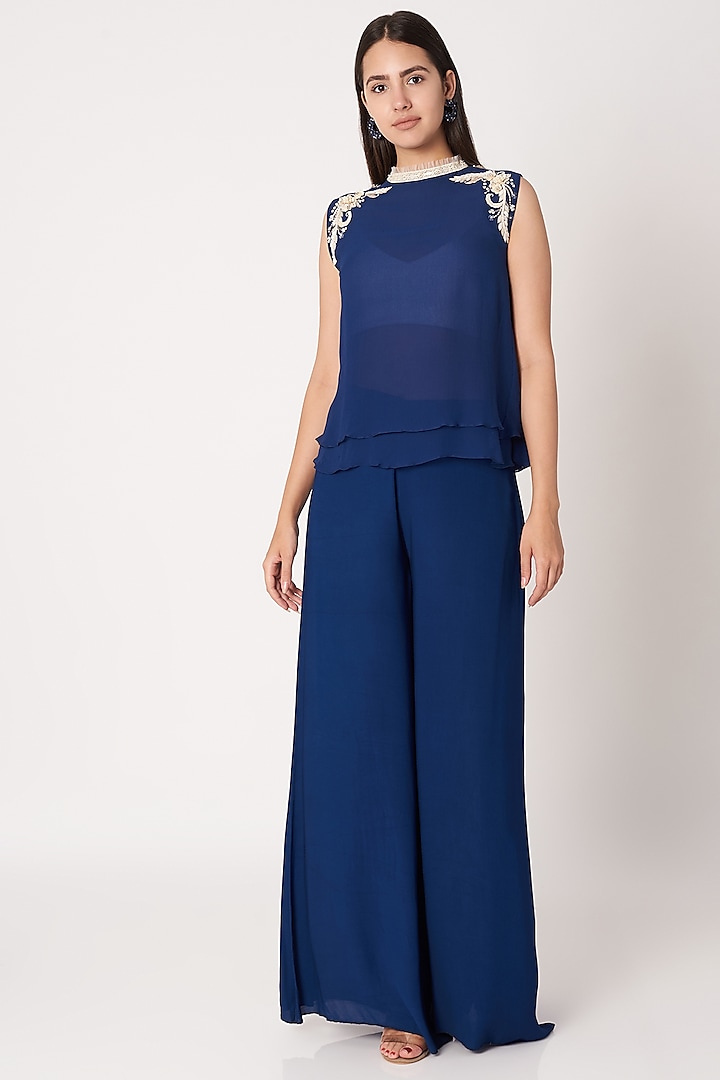Navy Blue Embroidered Top With Pants by Dilnaz Karbhary