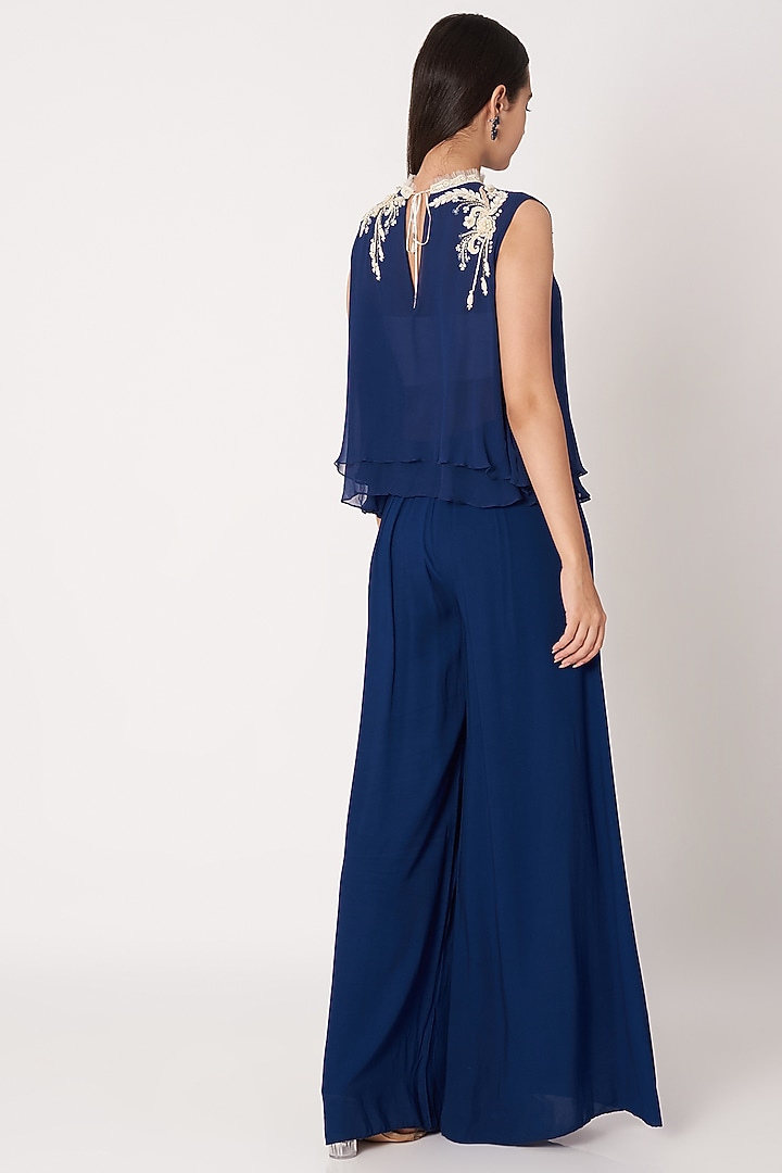 Navy Blue Embroidered Top With Pants by Dilnaz Karbhary at Pernia's Pop Up Shop