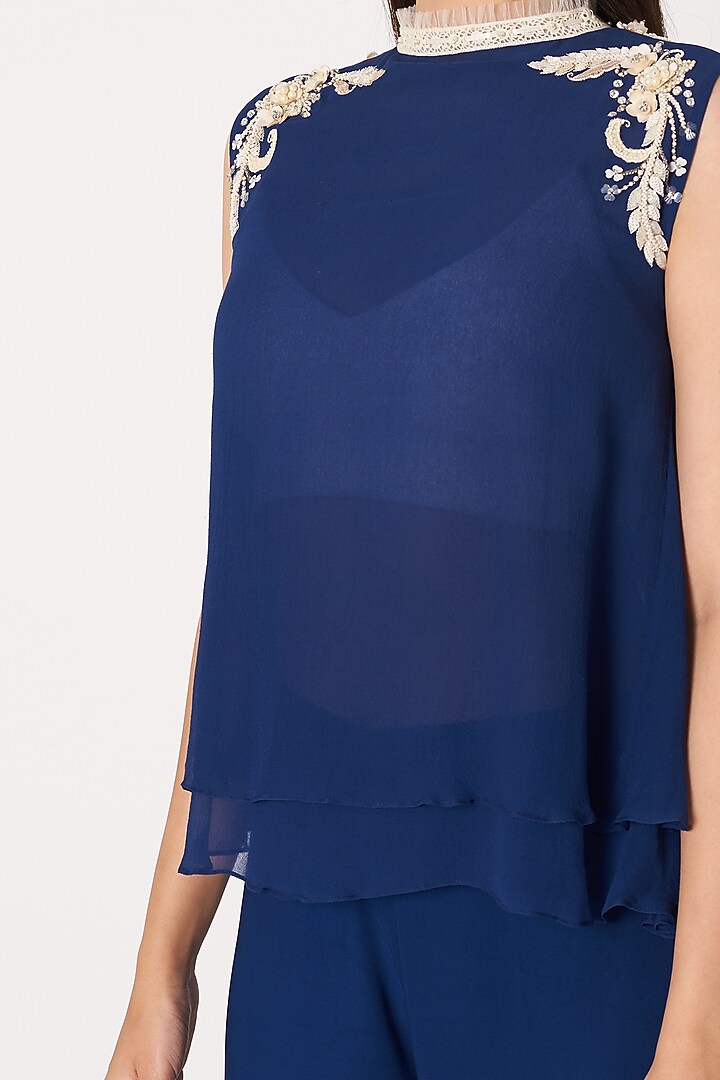 Navy Blue Embroidered Top With Pants by Dilnaz Karbhary at Pernia's Pop Up Shop