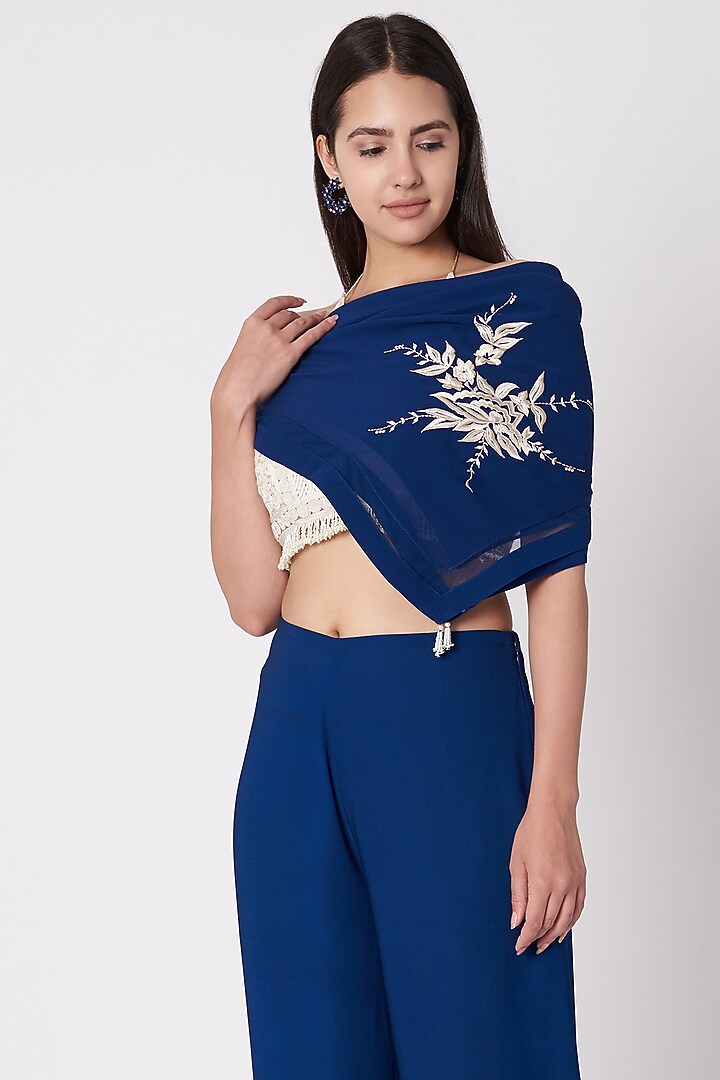 Navy Blue Embroidered Scarf by Dilnaz Karbhary at Pernia's Pop Up Shop