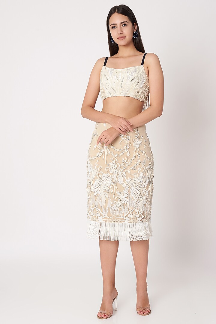 White Embroidered Crop Top by Dilnaz Karbhary