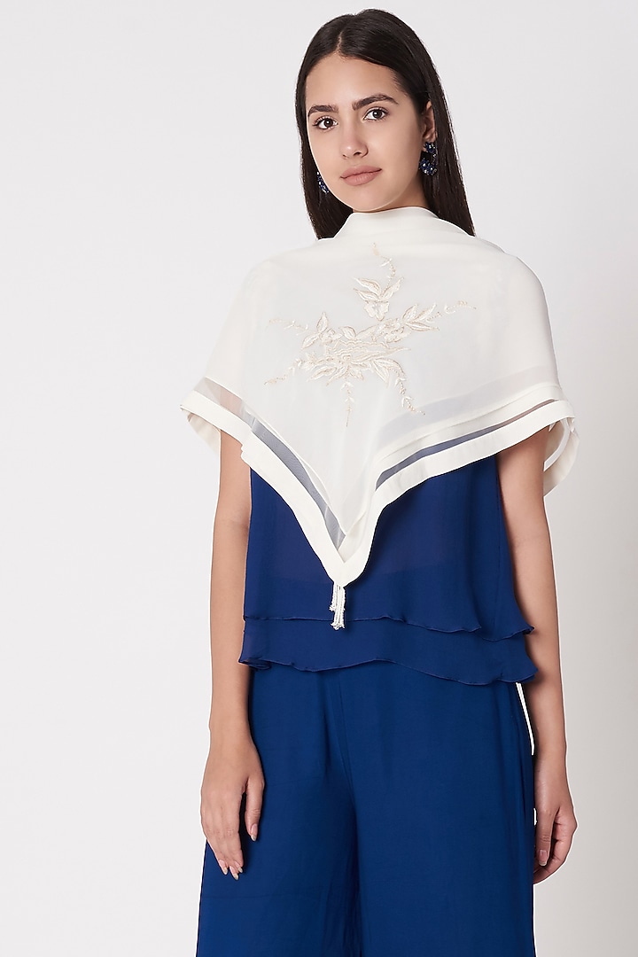 Ivory Embroidered Gara Scarf by Dilnaz Karbhary at Pernia's Pop Up Shop