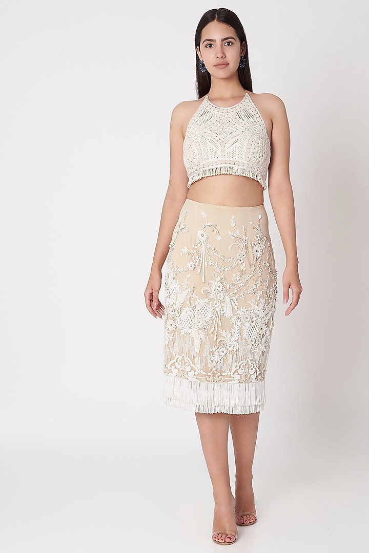 Beige Floral Embroidered Skirt by Dilnaz Karbhary