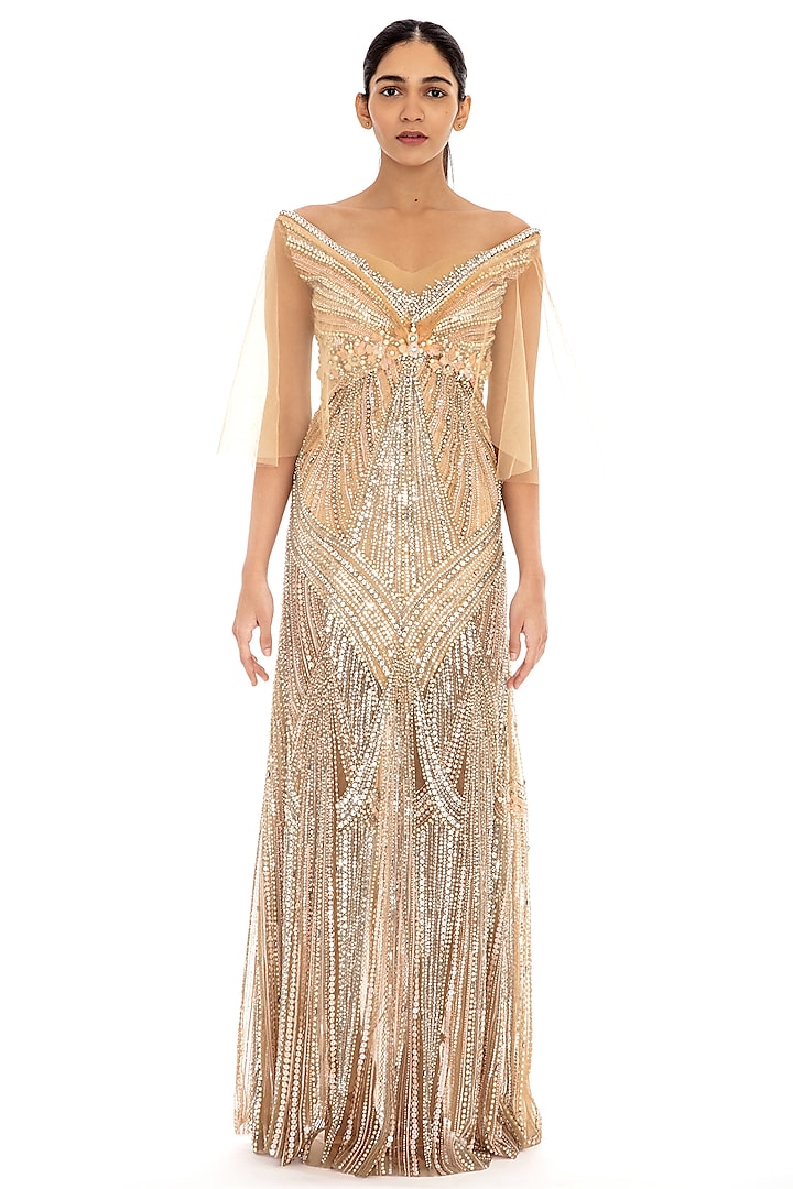 Nude Embroidered Gown by Dilnaz Karbhary