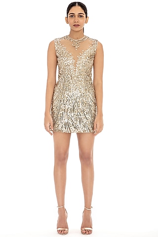 Olive Gold Embroidered Bodycon Dress by Dilnaz Karbhary