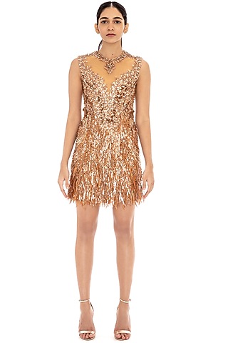 Copper Embroidered Bodycon Dress by Dilnaz Karbhary