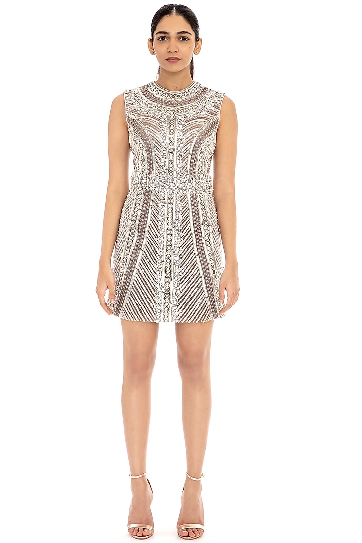 Dove Grey Embroidered Bodycon Dress by Dilnaz Karbhary