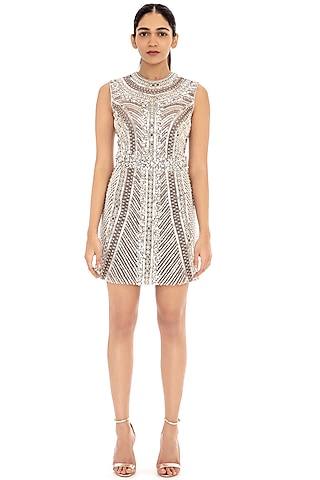 Dove Grey Embroidered Bodycon Dress by Dilnaz Karbhary