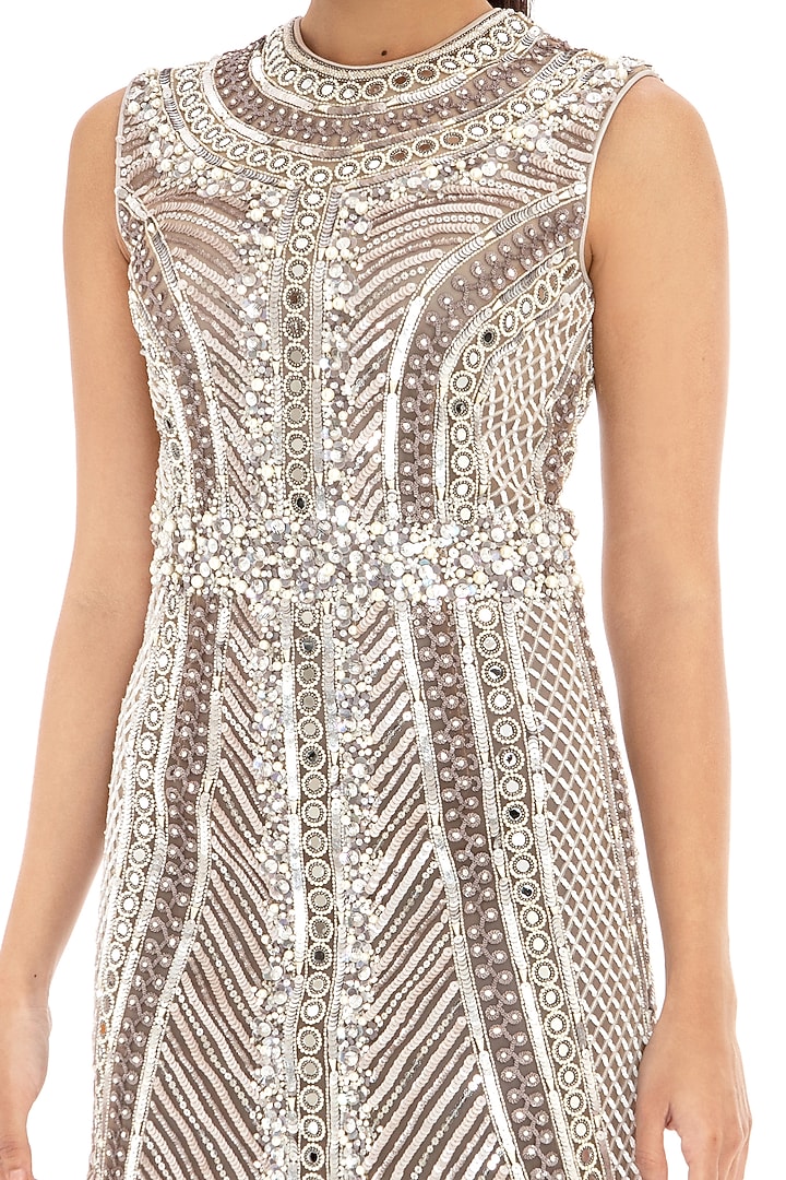 Dove Grey Embroidered Bodycon Party Wear Dress by Dilnaz Karbhary at Pernia's Pop Up Shop