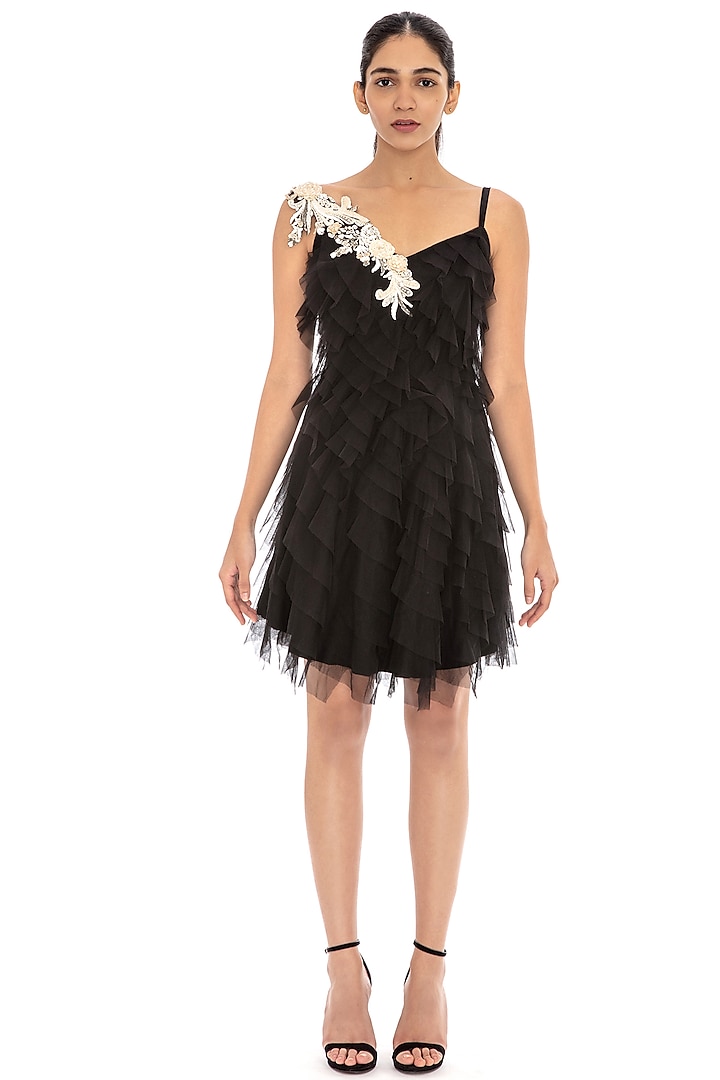 Black Ruffled Embroidered Dress by Dilnaz Karbhary