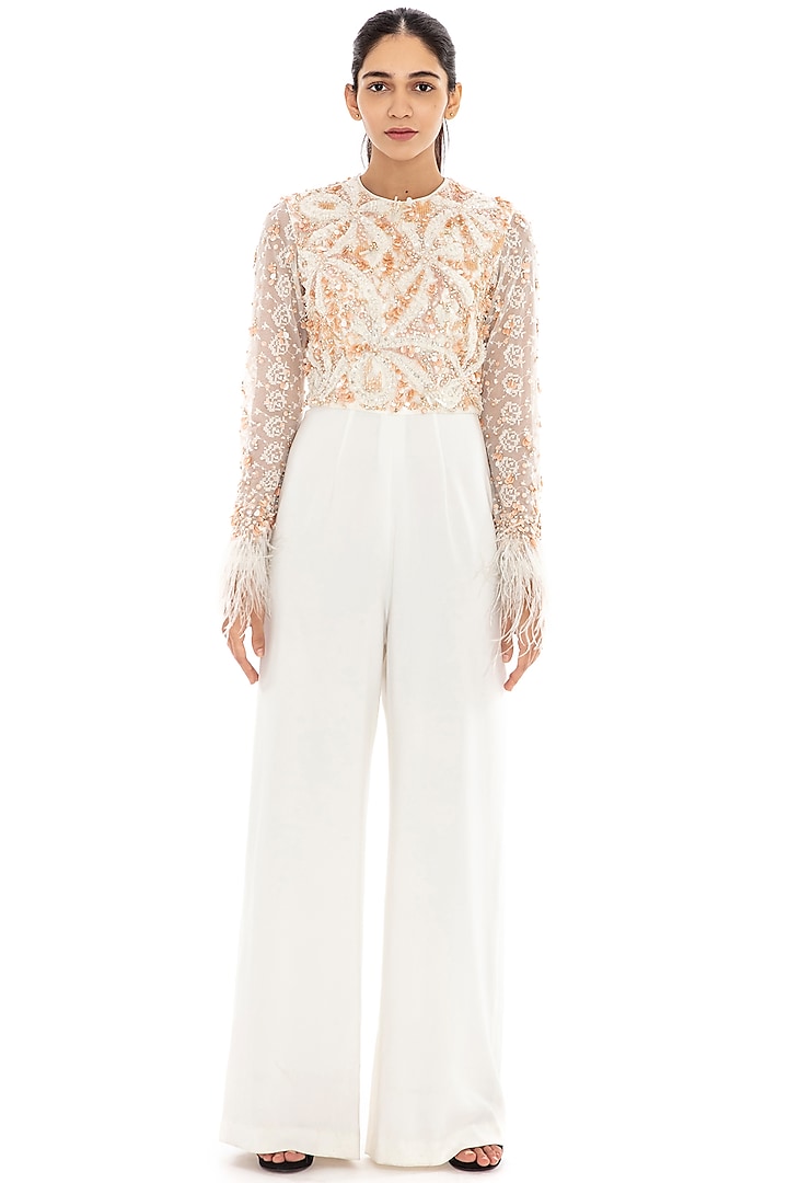Ivory Embroidered Flared Jumpsuit by Dilnaz Karbhary