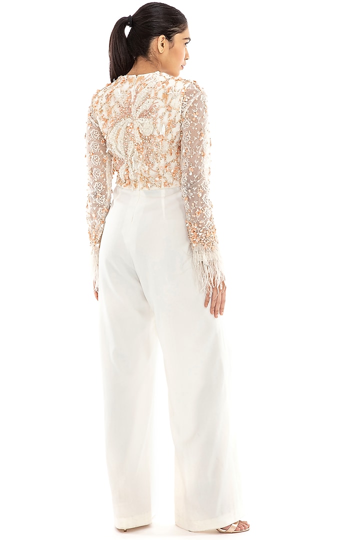 Ivory Embroidered Flared Jumpsuit by Dilnaz Karbhary at Pernia's Pop Up Shop