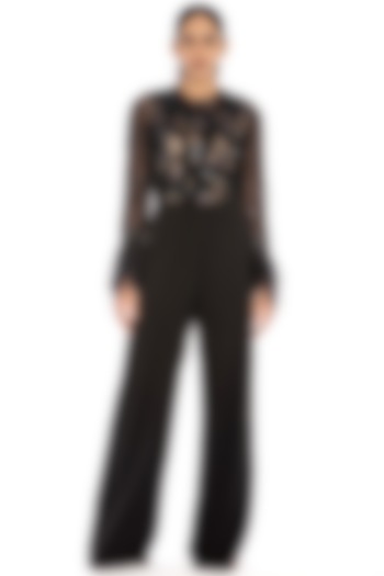 Black Embroidered Flared Jumpsuit by Dilnaz Karbhary