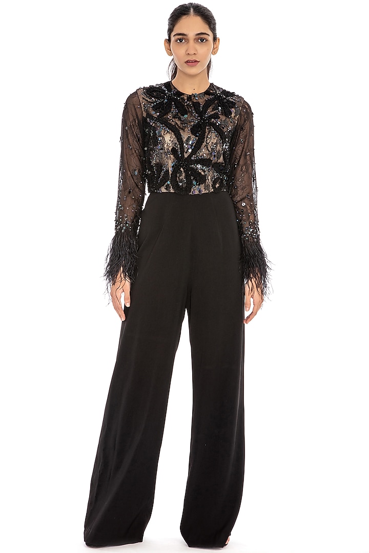 Black Embroidered Flared Jumpsuit by Dilnaz Karbhary