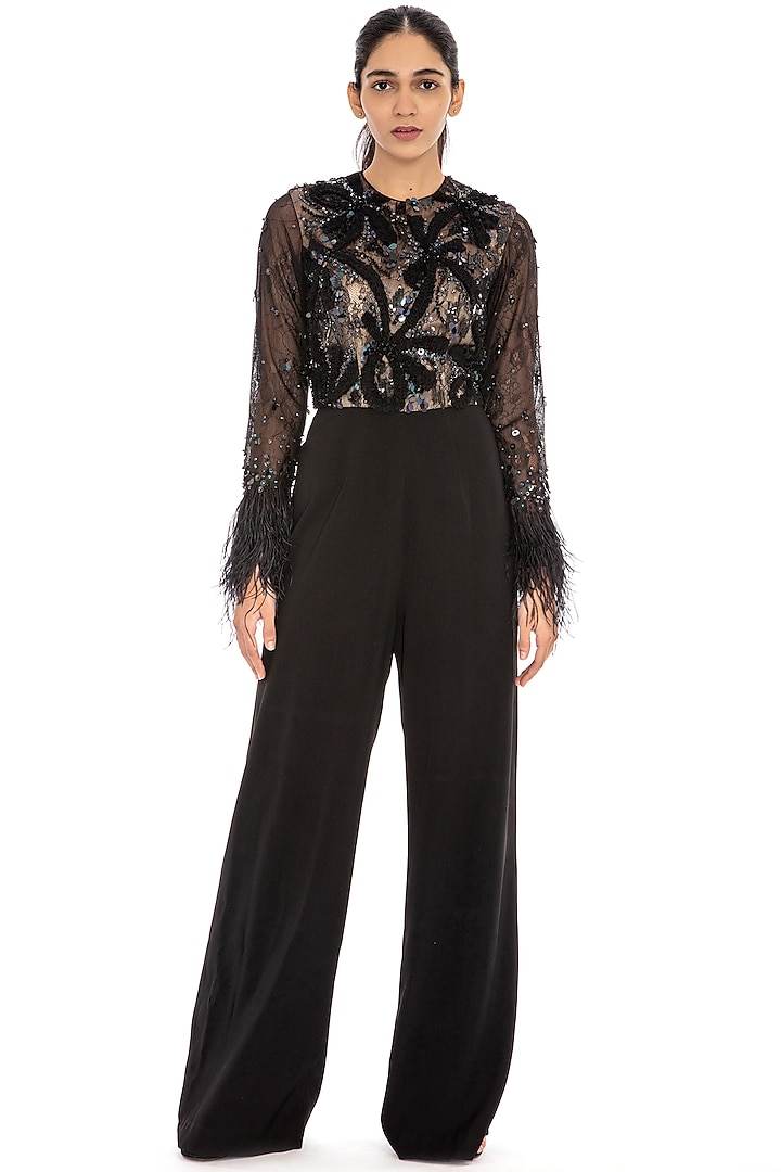 Black Embroidered Flared Jumpsuit by Dilnaz Karbhary at Pernia's Pop Up Shop